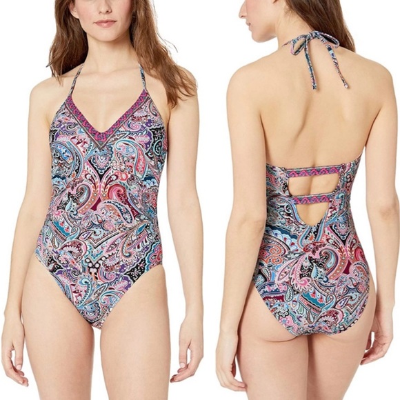 La Blanca Other - Sold La Blanca Purple Paisley Halter V Neck Tummy Control One Piece Swimsuit